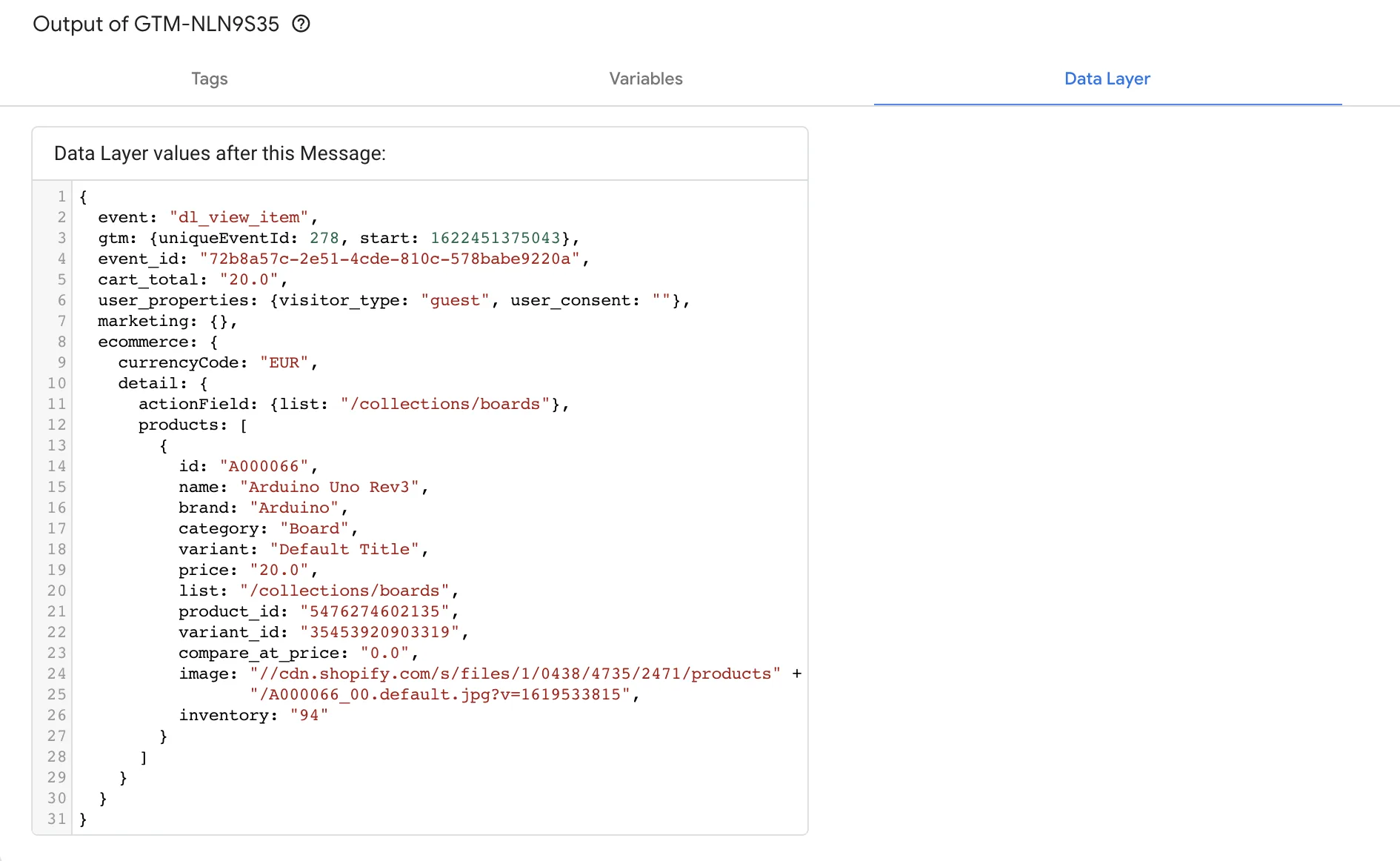 Data layer GTM output
